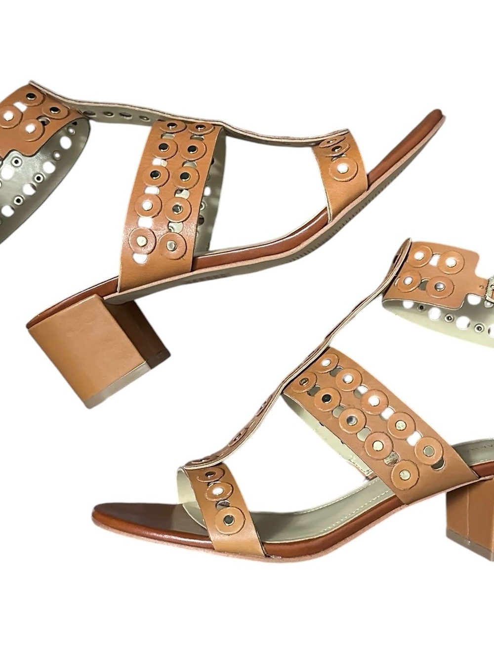 Marc Fisher Johnay Tan Leather T-Strap Block Heel Sandals